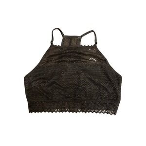 Mae Womens Geometric Lace Hi-Neck Bralette Black Racerback XL NEW